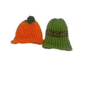 Hand-Knit Baby Beanie Set Of 2 - Green & Orange - Soft & Cozy Winter Hats